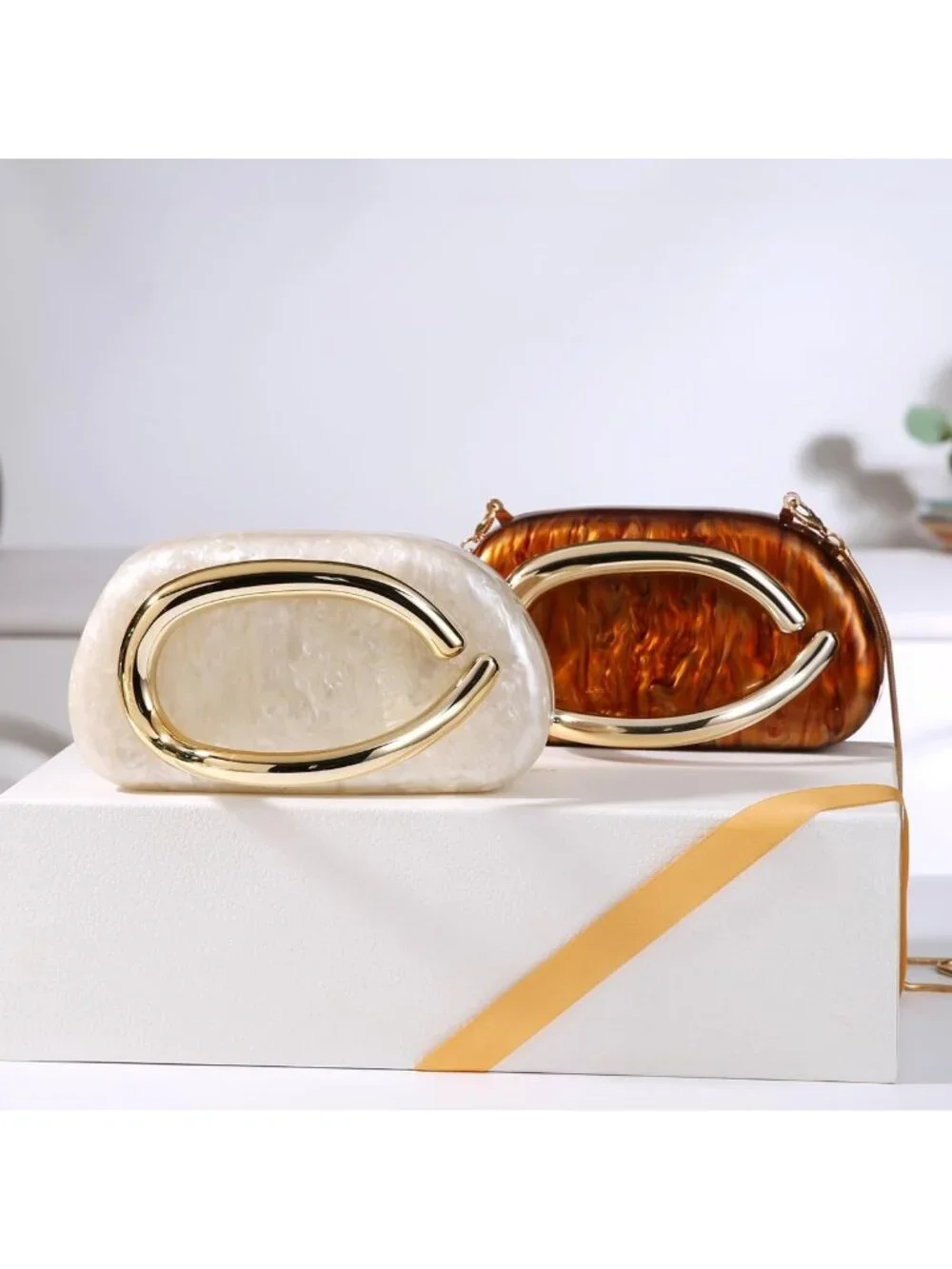 👜Women's Black Art Deco Clutch Gold-Tone Handle Evening Party Purse Bag